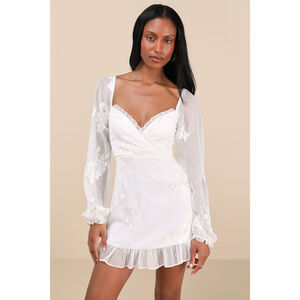 Lulus Flora White Embroidered Long Sleeve Mini Dress - Size XL